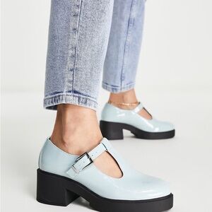 ASOS DESIGN Stealth Light Blue Patent Chunky Mary Jane T-Strap Platform Heels 7